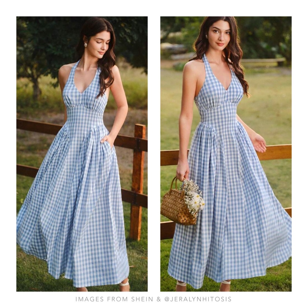 SHEIN | Vinatamour Blue and White Gingham Halter Maxi Sundress